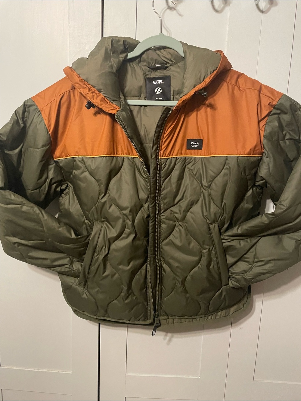 Vans Olive Green and Orange Hooded Puffer Jacket